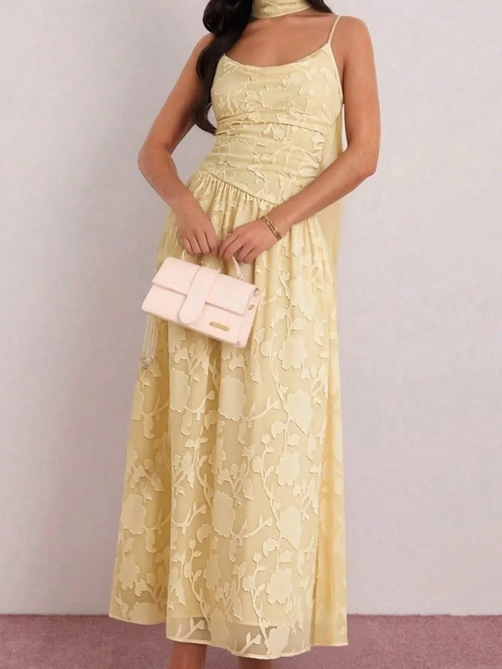 Yellow Elegant Women's French Sleeveless Off-Shoulder Cinched Waist Long Dress